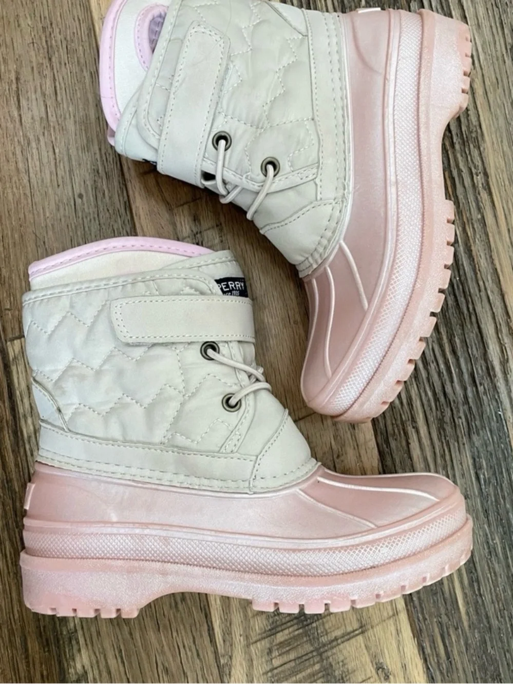 Sperry Two-Tone Cream and Light Pink Quilted Winter Boots